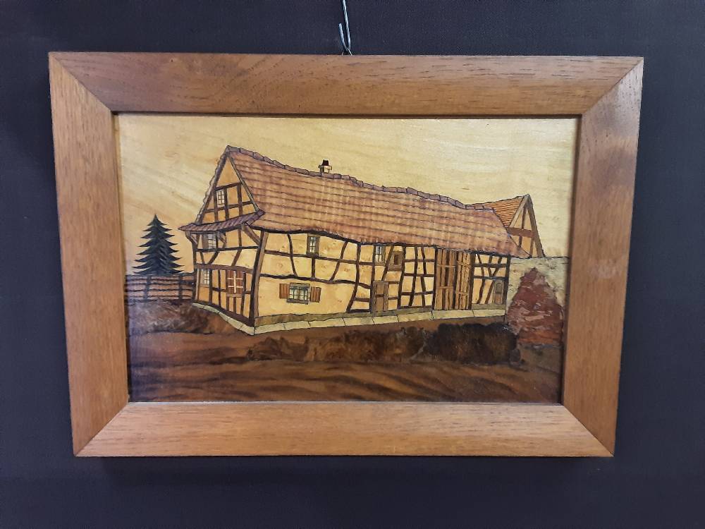 TABLEAU CADRE BOIS MARQUETÉ MAISON 43X31