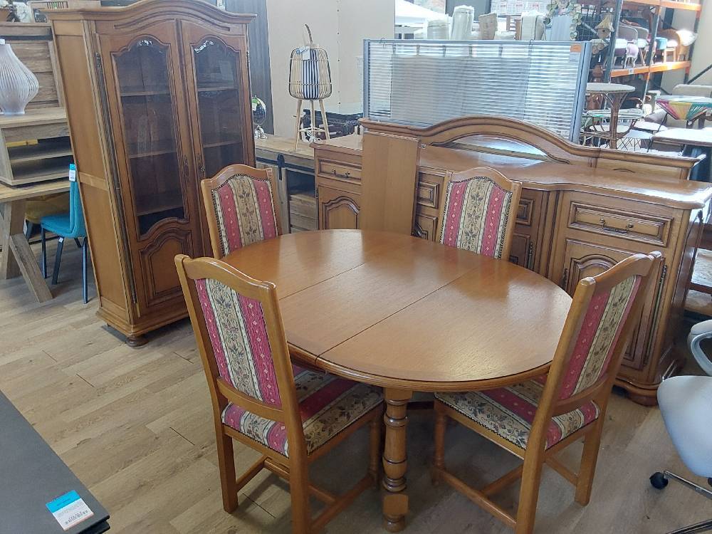 SALLE À MANGER COMPLÈTE BOIS TABLE AVEC ALLONGE 40 CM + 4 CHAISES + ENFILADE AVEC MIROIR + VITRINE 