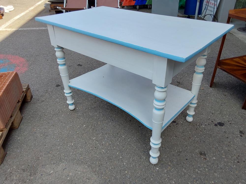 TABLE PEINT BLANC ET BLEU 1 TIROIR 