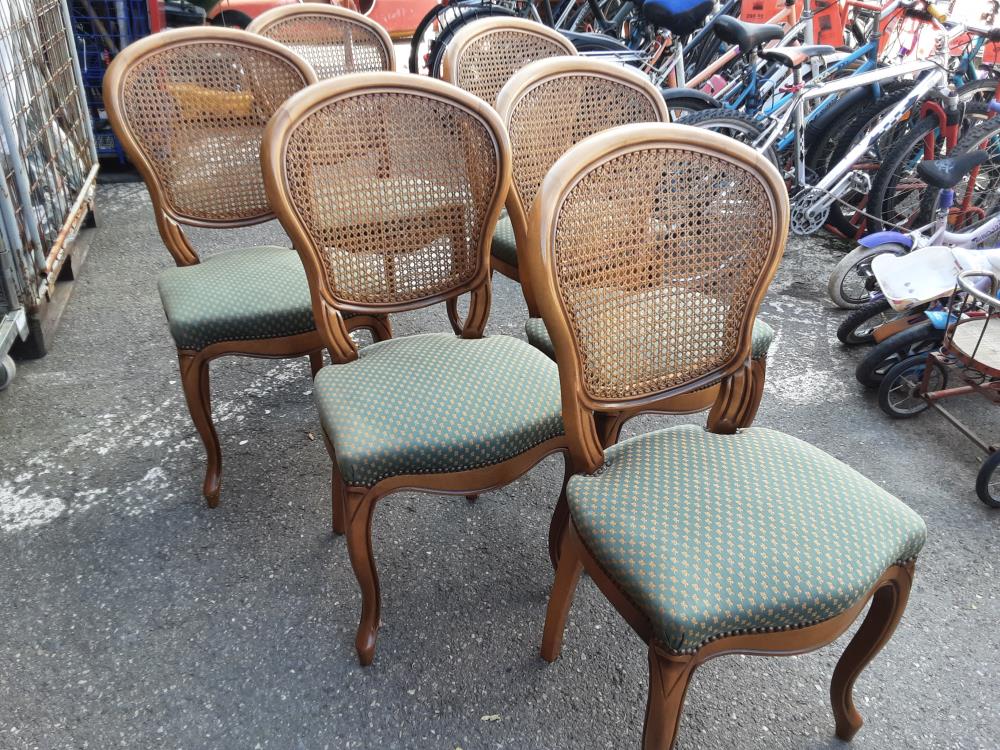 LOT 6 CHAISES ASSISE TISSU VERT ET DORÉ DOSSIER CANNAGE