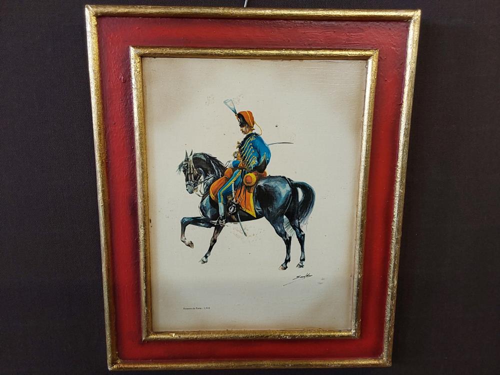 TABLEAU HUSSARD DE PAVIA CADRE ROUGE ET DORE 36X30