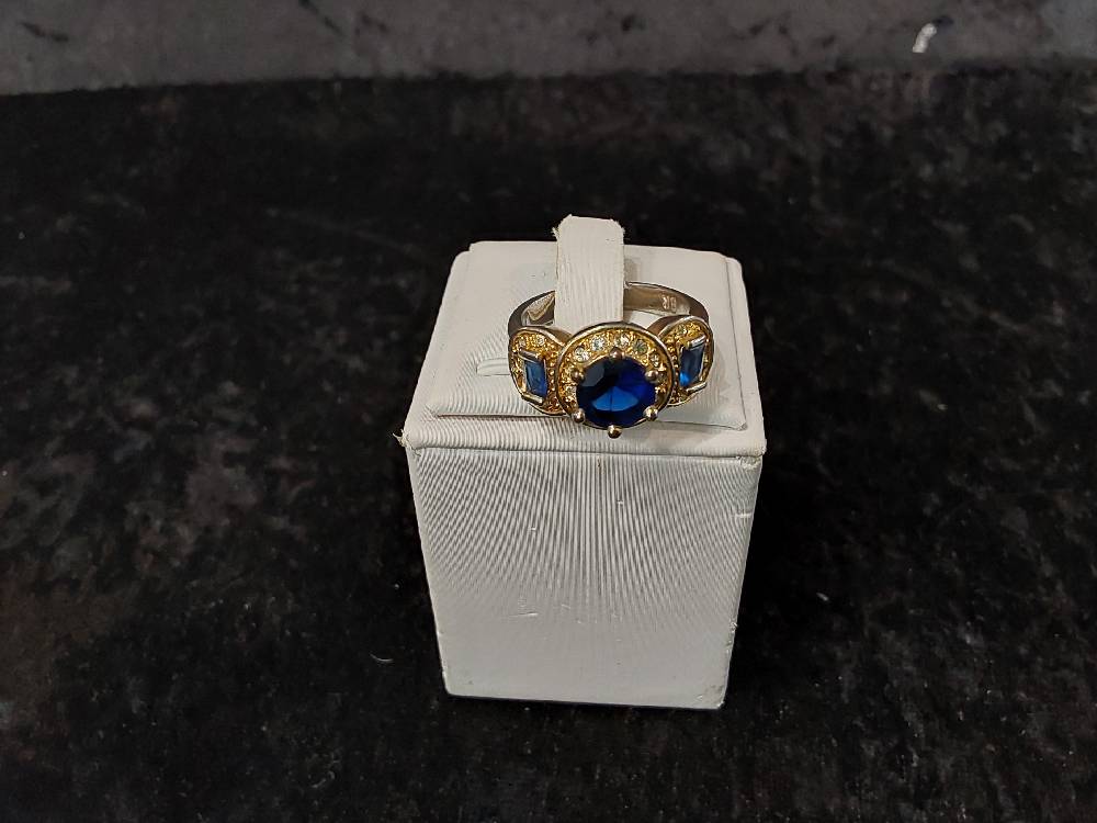 BAGUE PL.OR STRASS BLEUE