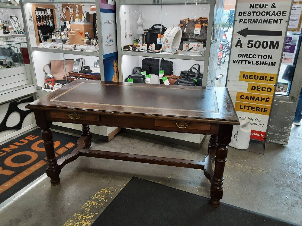 BUREAU ANCIEN 2 TIROIRS CHENE AVEC DESSUS CUIR BRUN