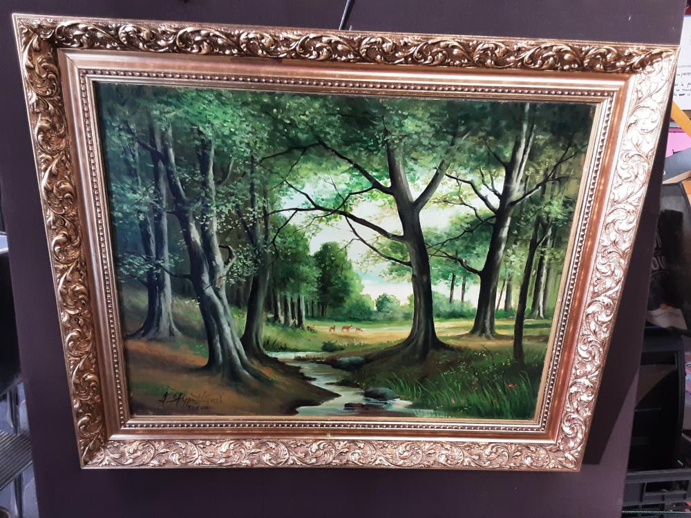 TABLEAU FORET CADRE DORÉ 80X65 SIGNÉ