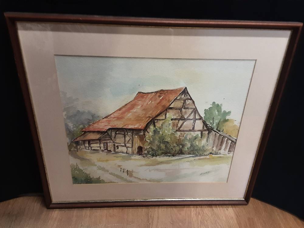 TABLEAU AQUARELLE MAISON ALSACIENNE SIGNÉ ANSTETT