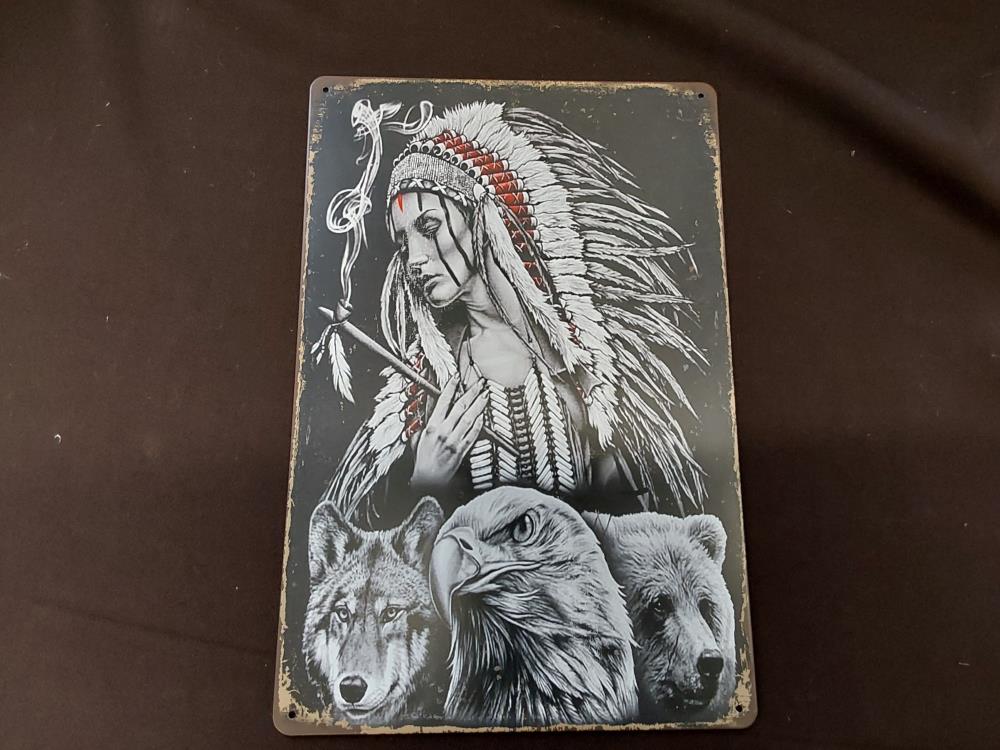 PLAQUE METAL INDIENNE/LOUP/AIGLE OURS 20 X 30CM JF001IL