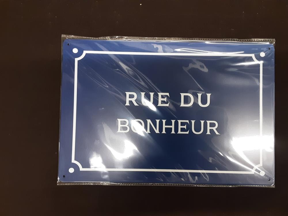 PLAQUE METAL RUE DU BONHEUR 20 X 30CM JF001ZA79