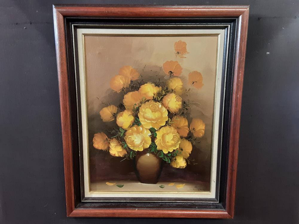 TABLEAU DECOR NATURE MORTE FLEURS JAUNE SIGNÉ 