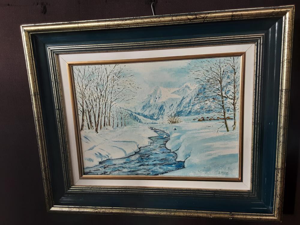 TABLEAU SIGNÉ MAURER MONTAGNE ET RUISSEAU SOUS LA NEIGE 47X37