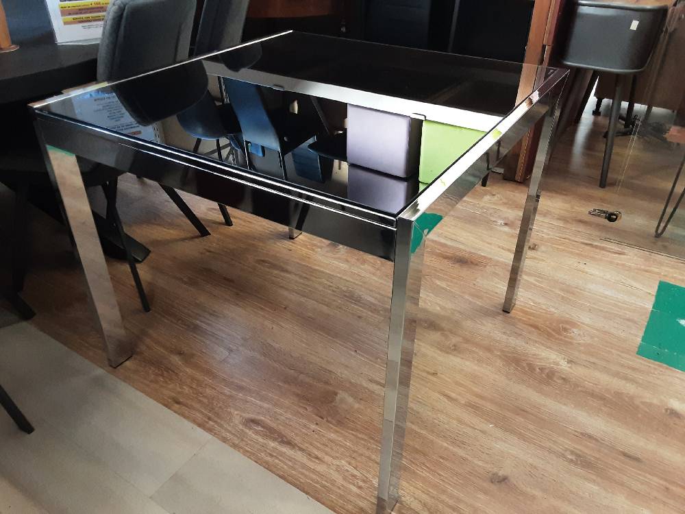 TABLE STRUCTURE CHROME SATINÉ PLATEAU EN VERRE NOIR + RALLONGE 