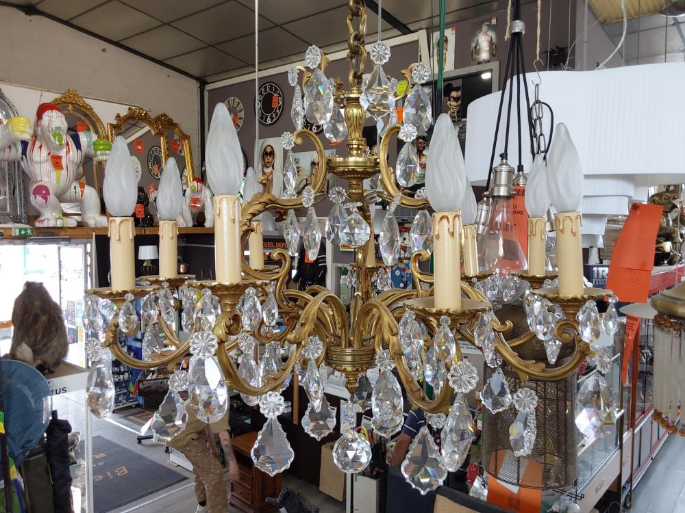 LUSTRE BRONZE A PAMPILLES CRISTAL 9 FEUX 