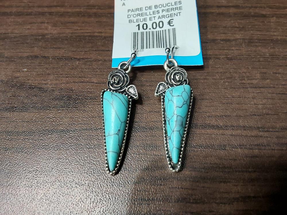 PAIRE DE BOUCLES D'OREILLES PIERRE BLEUE ET ARGENT 