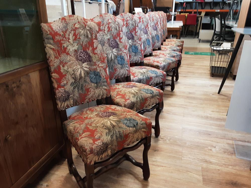 LOT DE 8 CHAISES ASSISE TISSUS DECOR FEUILLES BOIS FONCE