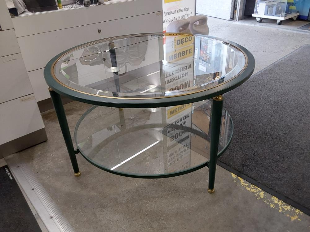 TABLE BASSE RONDE METAL VERT + 2 PLATEAUX VERRE BISEAUTÉ