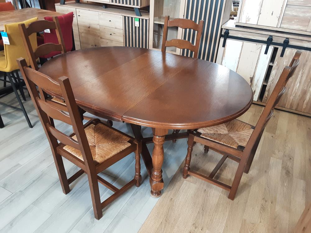 ENSEMBLE TABLE CHENE AVEC ALLONGE + 4 CHAISES ASSISE PAILLE 