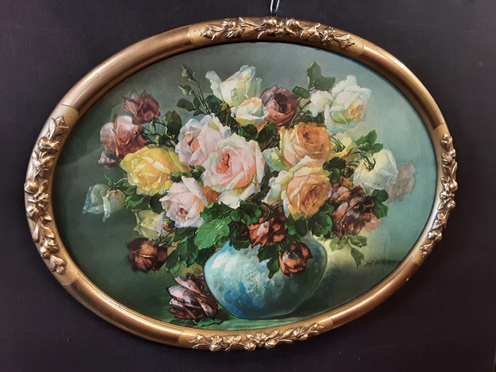 TABLEAU OVALE CADRE BOIS DORE- BOUQUET DE FLEURS SIGNE A.HILLMANN 