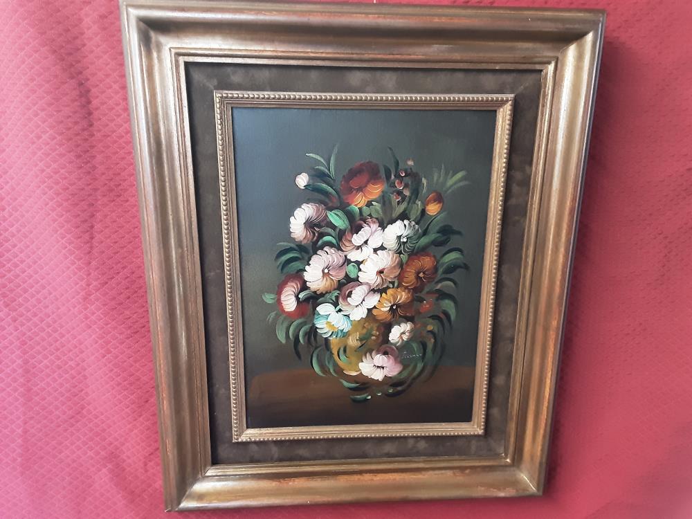 TABLEAU FLEURS CADRE BOIS OR ET BRUN 