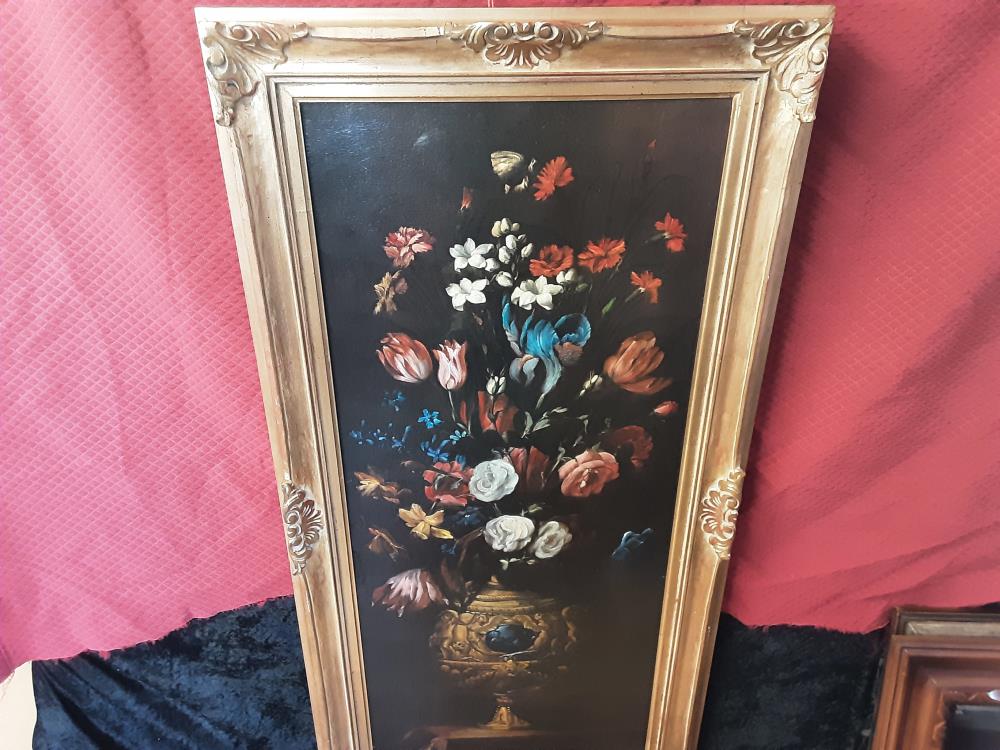 TABLEAU LONG FLEURS CADRE BOIS DORÉ