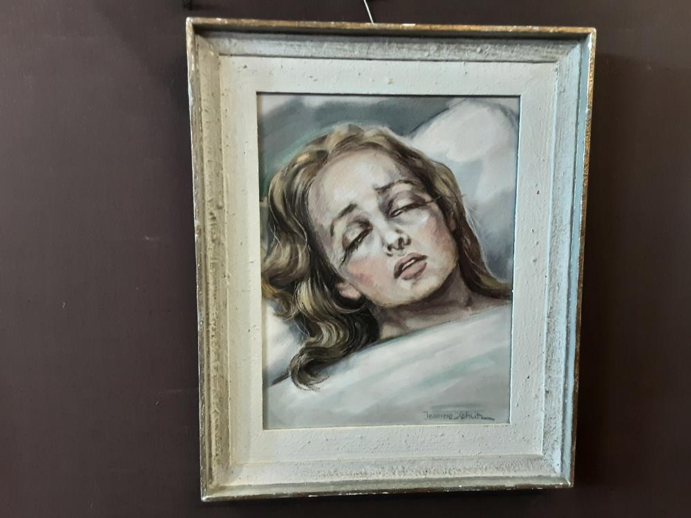 TABLEAU CADRE GRIS FEMME ENDORMI SIGNÉ JEANNE SCHUTZ