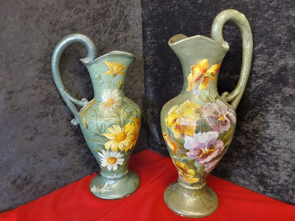 CRUCHE TERRE CUITE PEINT DÉCOR FLEURS SIGNÉE