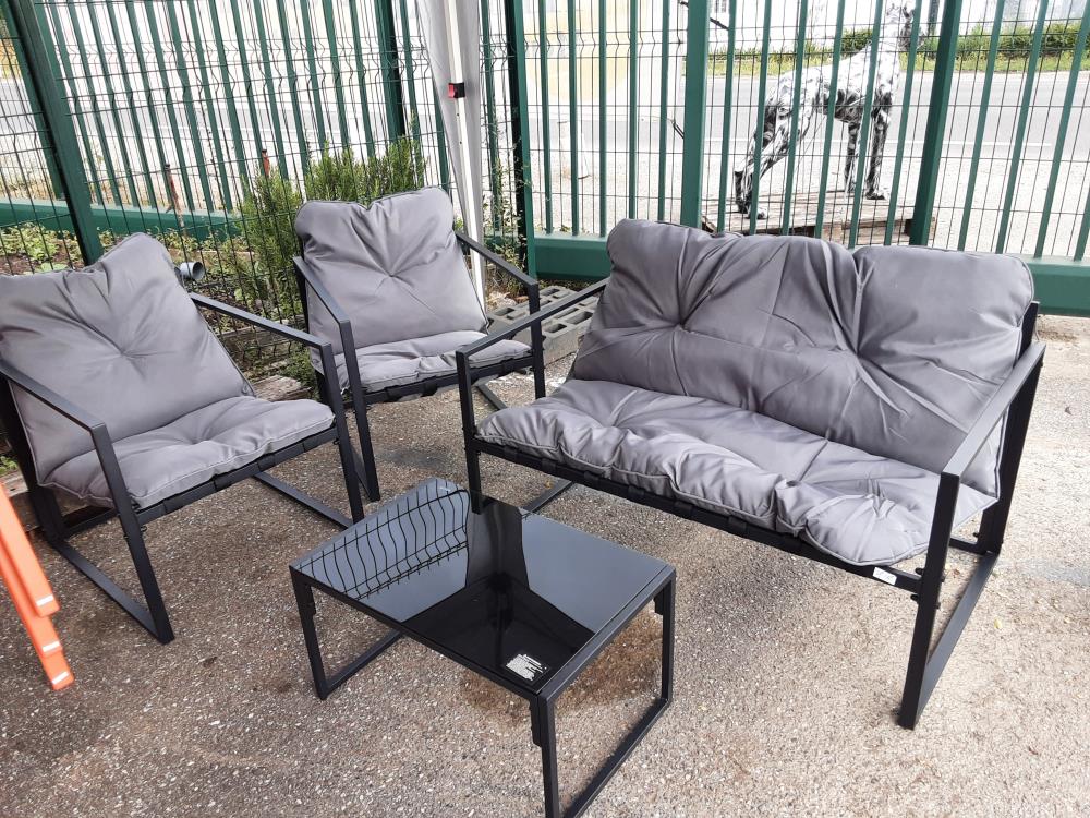 SALON DE JARDIN BANC+2 FAUTEUILS+TABLE BASSE NOIR/GRIS (84G-123V00BK) 2ÈME CHOIX