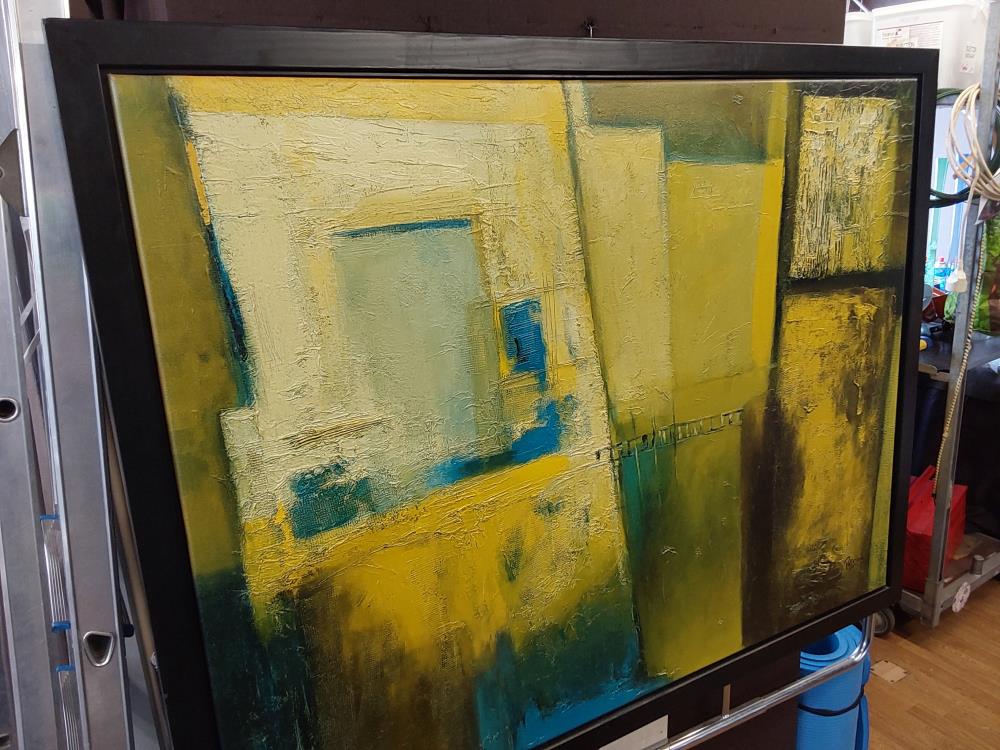 TABLEAU CADRE NOIR ABSTRAIT SIGNE PATRIZION  - VERT ET JAUNE