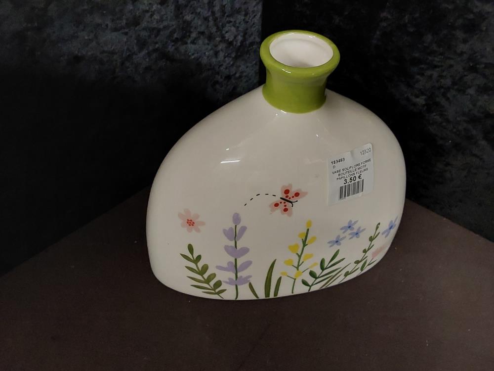 VASE SOLIFLORE FORME BOUTEILLE MOTIF PAPILLONS FLEURS