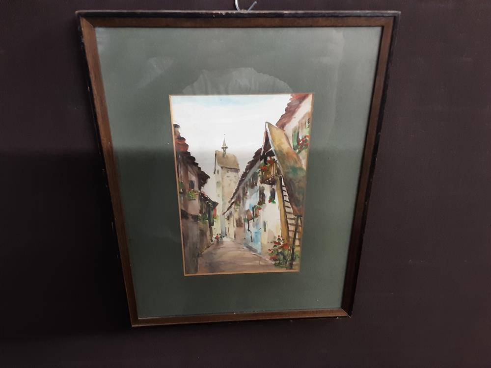 TABLEAU AQUARELLE EGLISE FOND VERT