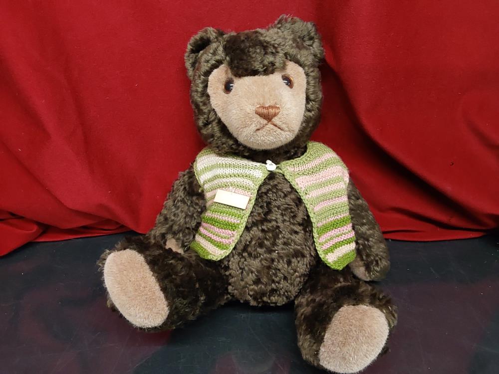 PELUCHE OURS BRUN AVEC GILET VERT ET ROSE 