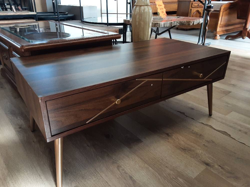 TABLE BASSE 2 TIROIRS EFFET BOIS - MÉTAL DORÉ (83B-102V01BN) 2ÈME CHOIX