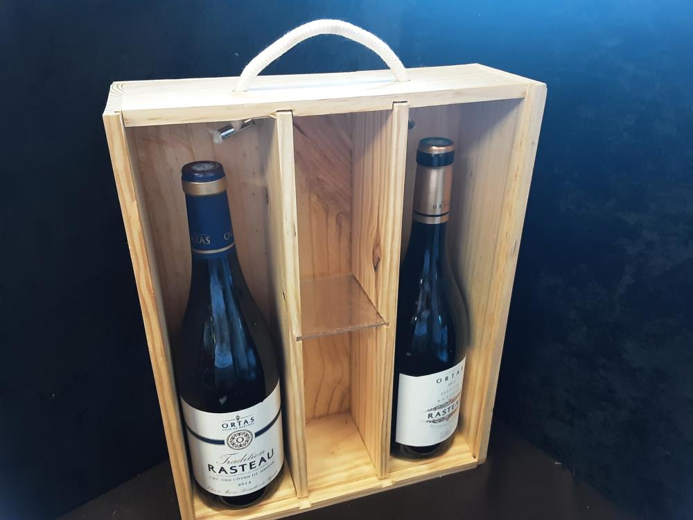 LOT DE 2 BOUTEILLES COTE DU RHONE COFFRET BOIS ORTAS