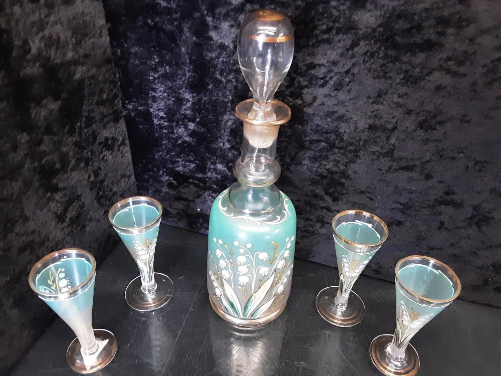 ENSEMBLE CARAFE + 4 VERRES A ALCOOL DECOR MUGUET PEINT A LA MAIN
