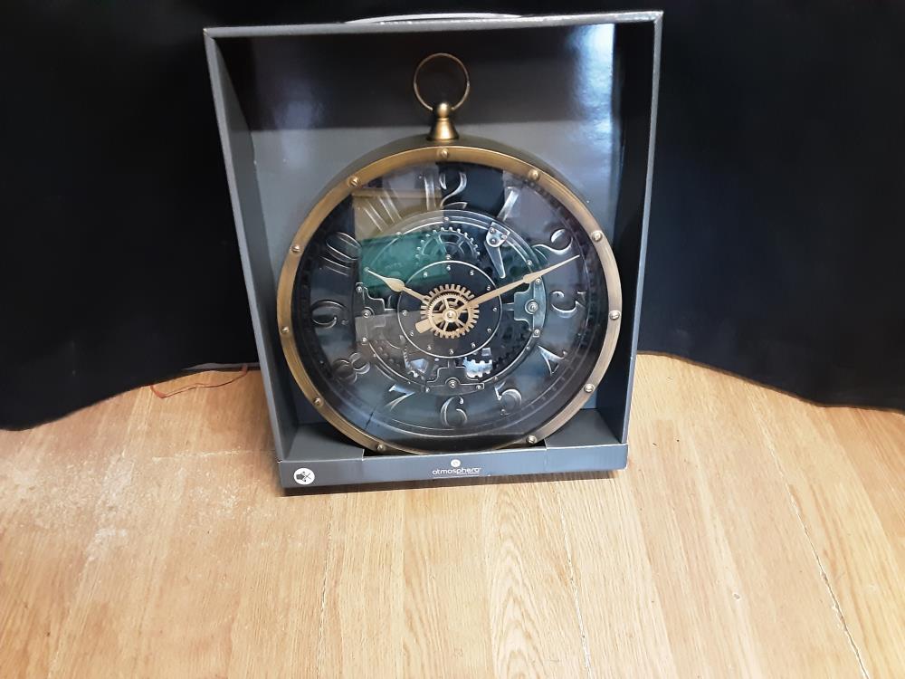 MONTRE MURAL A PILE CADRE PVC BRONZE ENGRENAGE DIAM 27 CM