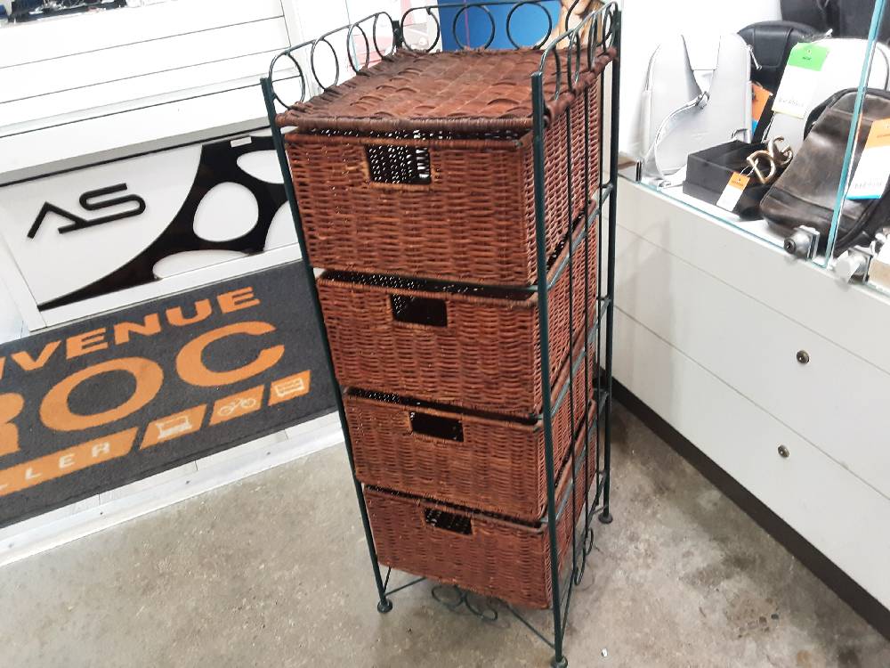 MEUBLE 4 TIROIRS OSIER ET METAL