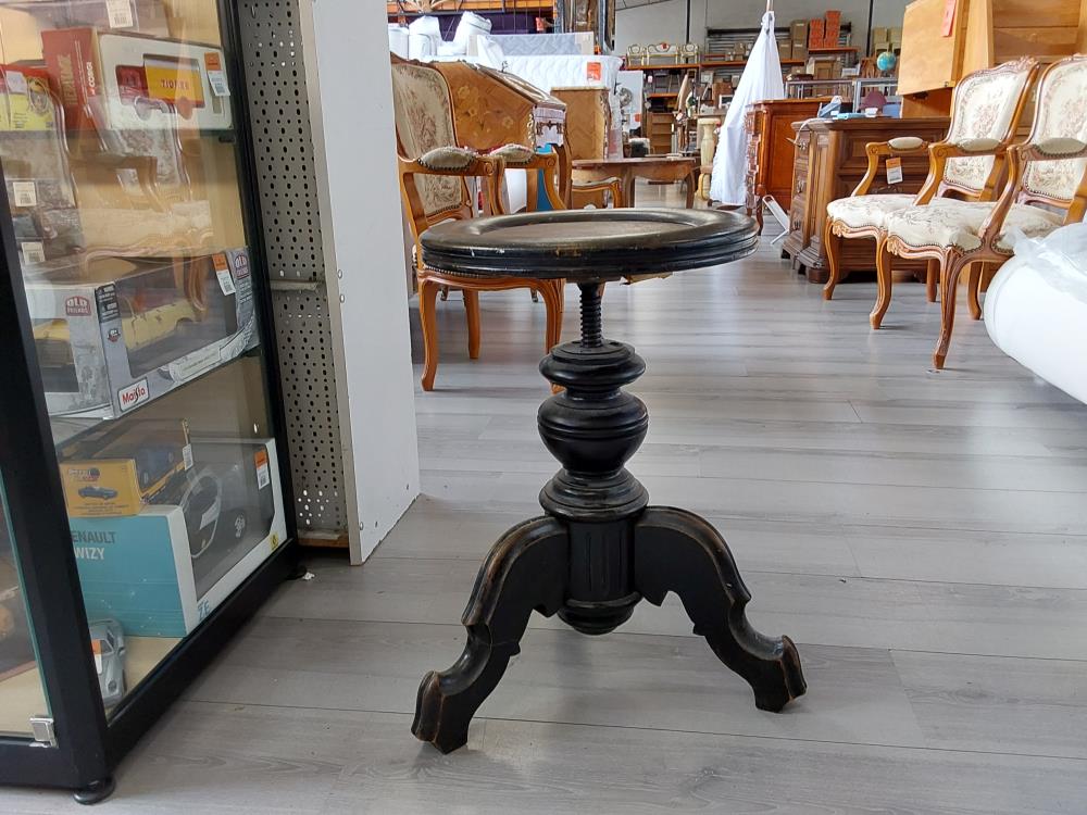 TABOURET DE PIANO ROND ASSISE BOIS ET CUIR VIEILLI REGLABLE EN HAUTEUR