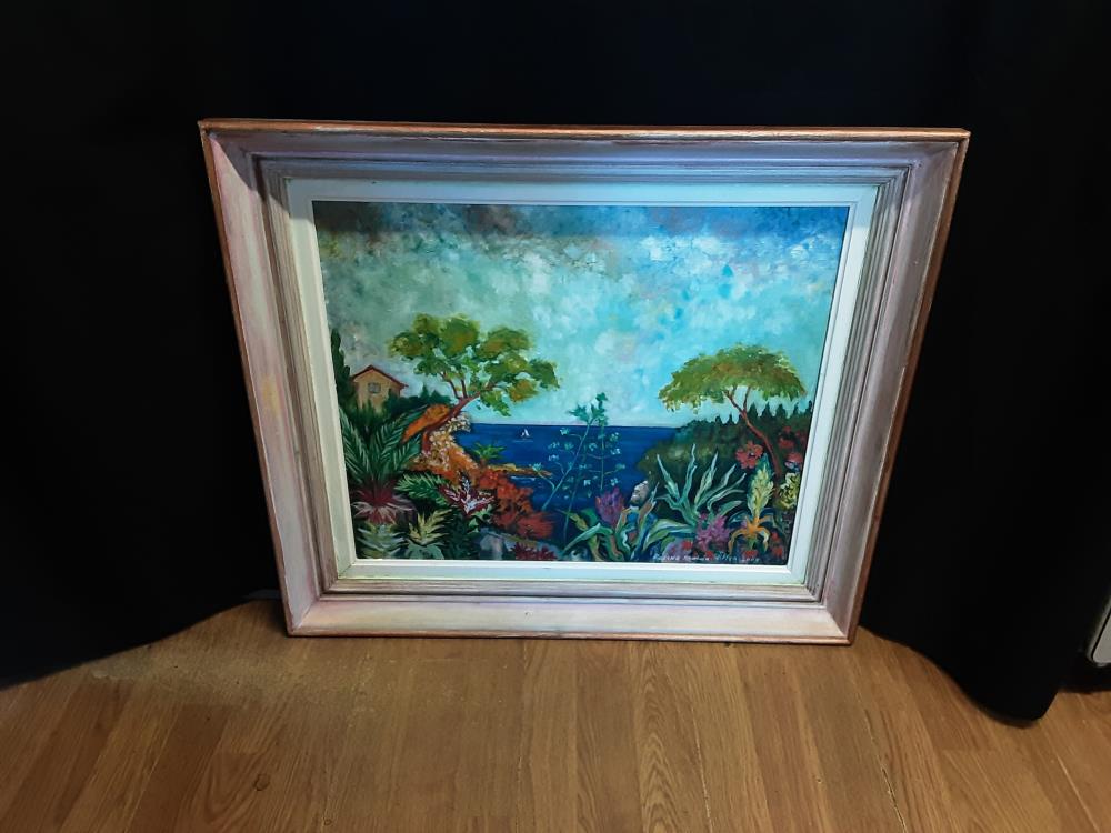 TABLEAU BORD DE MER PAYSAGE FLEURI SIGNÉ 