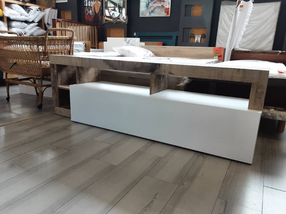 MEUBLE TV 1 PORTE + 4 NICHES COLORIS BLANC ET BOIS 2 COLIS (107335/37) 2ÈME CHOIX