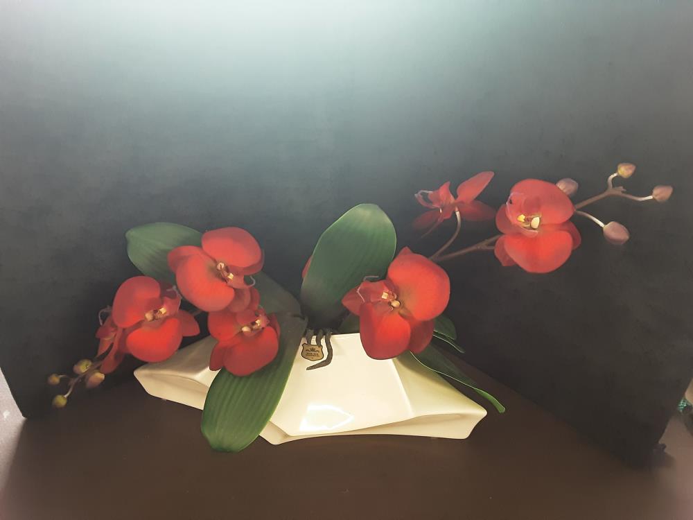 VASE BLANC AVEC ORCHIDÉES ROUGES