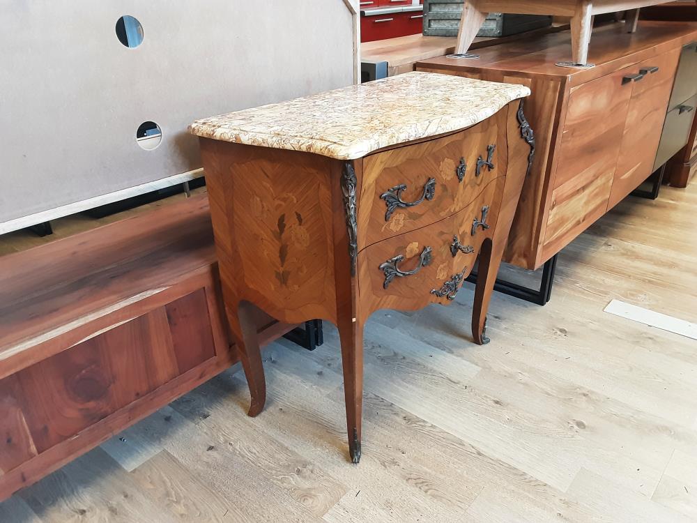 COMMODE 2 TIROIRS MARQUETÉ PLATEAU MARBRE 