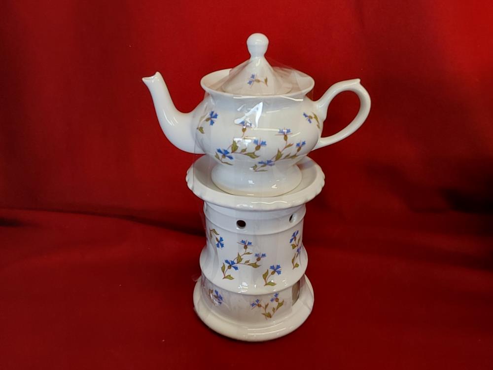 THEIERE A SUPPORT BOUGIE PORCELAINE FLEURS BLEUES