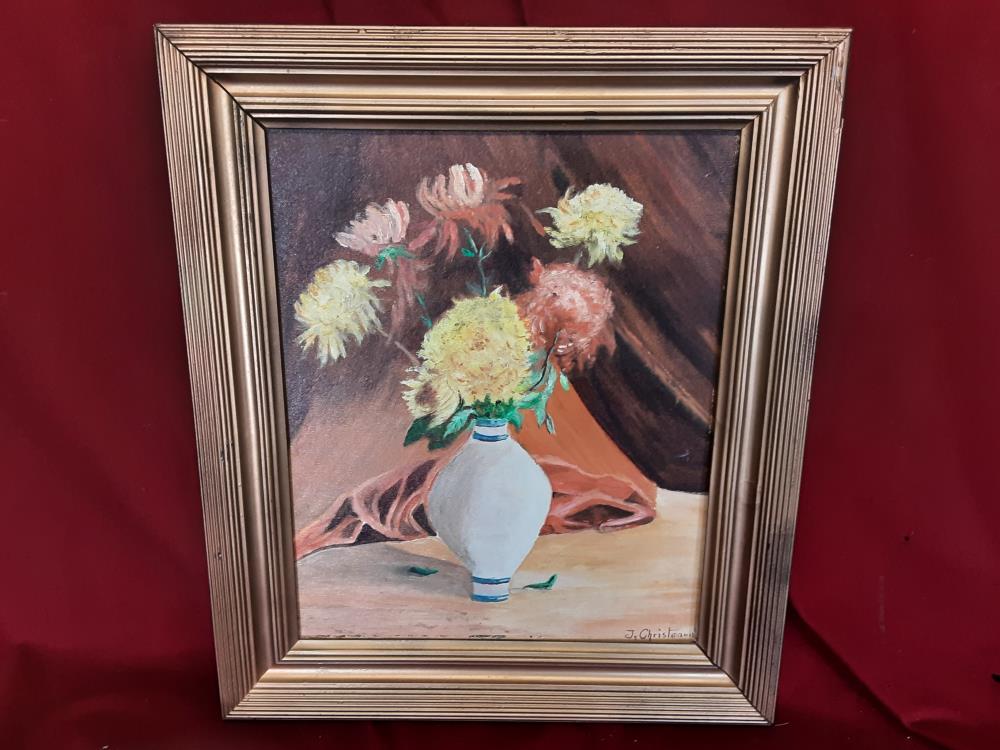 TABLEAU CADRE DORÉ POT DE FLEURS SIGNÉ 