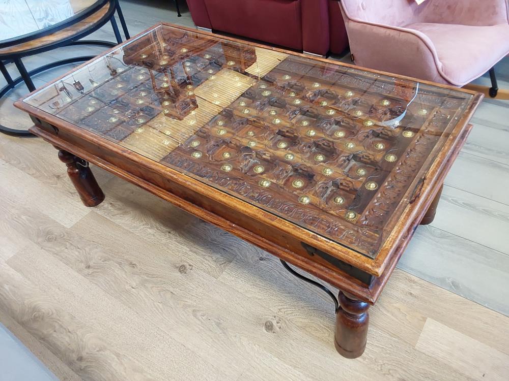 TABLE BASSE MAROCAINE DESSUS VERRE EN TECK
