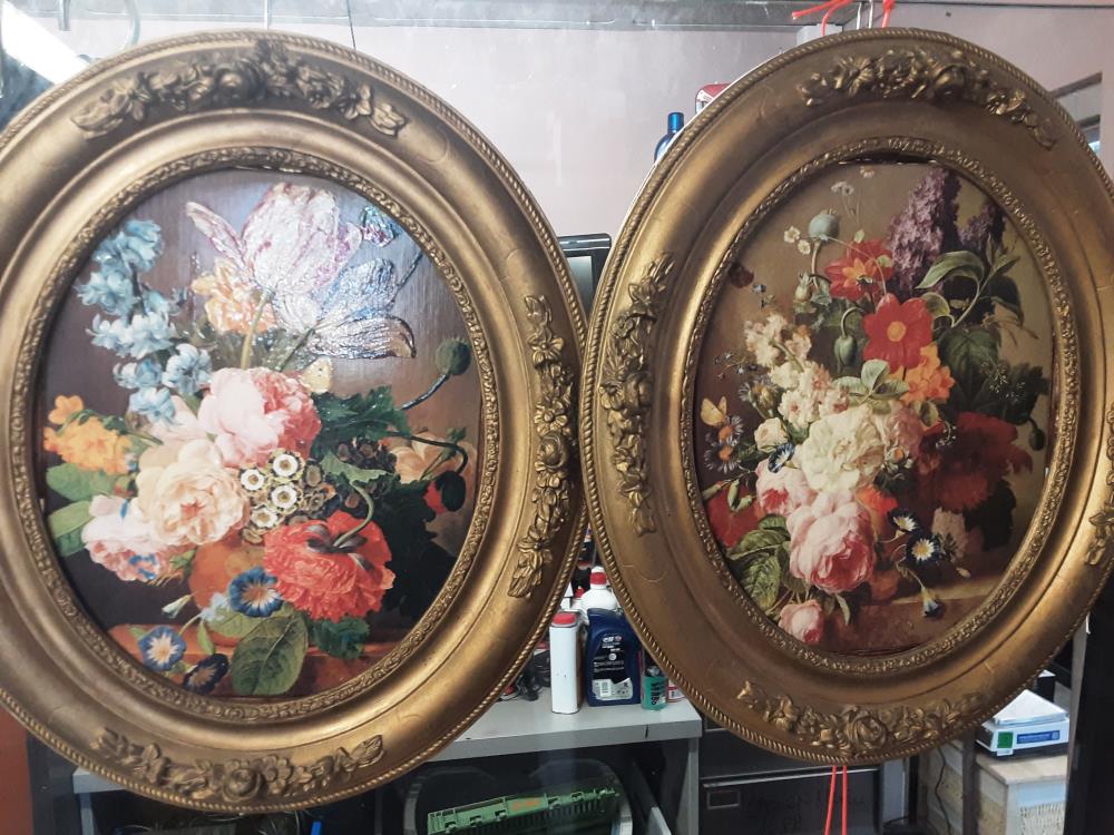 TABLEAU OVALE MOTIF FLEURS CADRE BOIS DORÉ