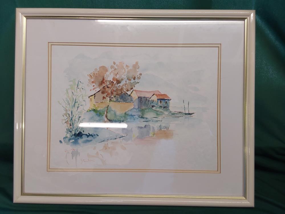 TABLEAU AQUARELLE MAISONS ET EAU
