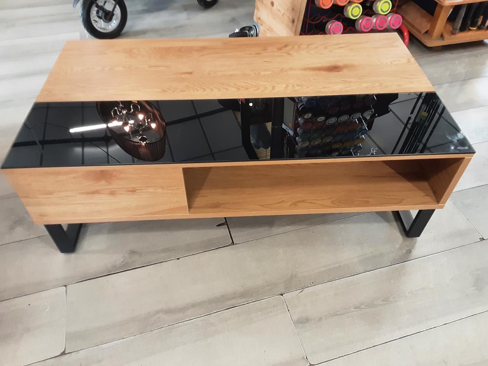 TABLE BASSE OUVERTURE TABLETTE REPAS BOIS ET VERRE TREMPE NOIR