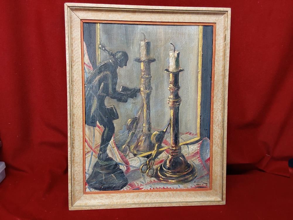 TABLEAU NATURE MORTE BOUGEOIR ET STATUETTE - SIGNE