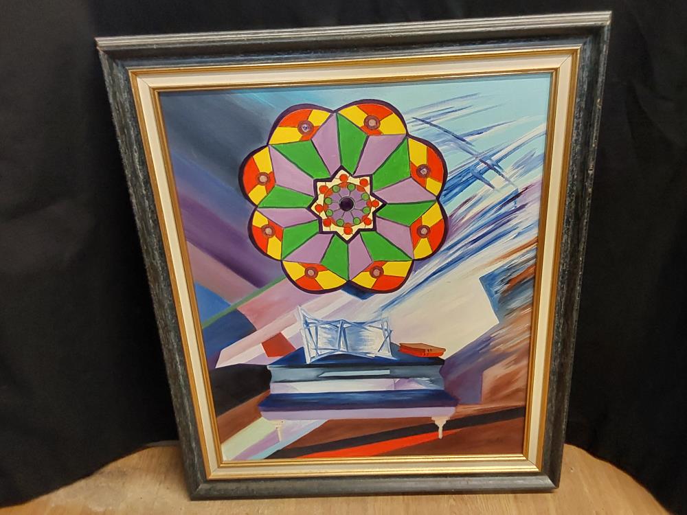TABLEAU NATURE MORTE PIANO -SIGNE CADRE BLEU ET DORE 