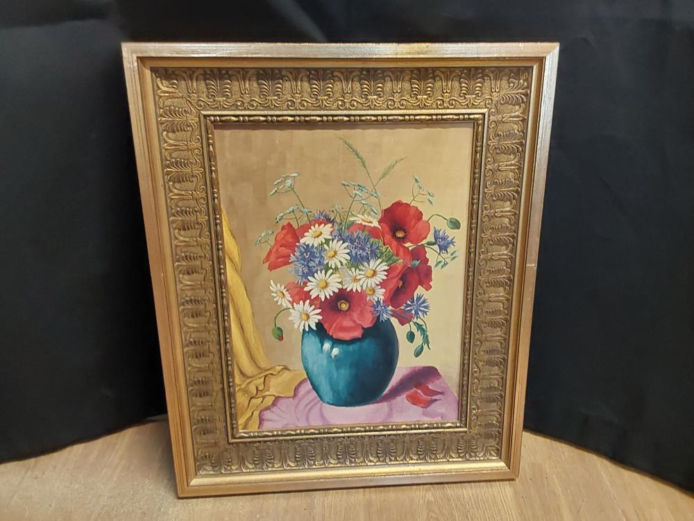 TABLEAU SUR BOIS CADRE DORE VASE BLEU FLEURS COQUELICOTS MARGUERITES