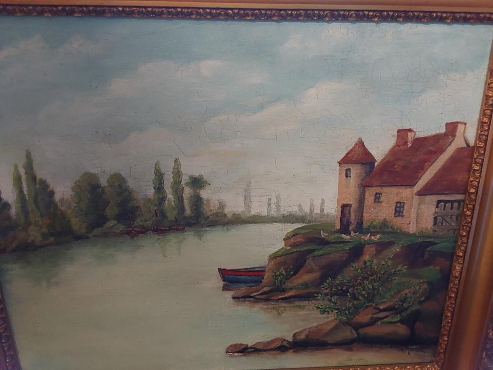 TABLEAU SUR TOILE SIGNEE MOTIF MAISON BARQUE RIVIERE