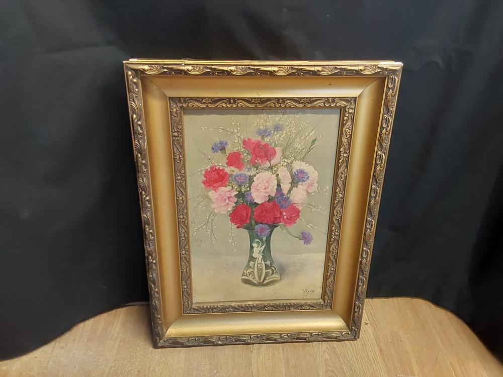 TABLEAU SUR BOIS CADRE DORE MOTIF VASE VERT ET BLANC FLEURS ROUGES ET ROSES